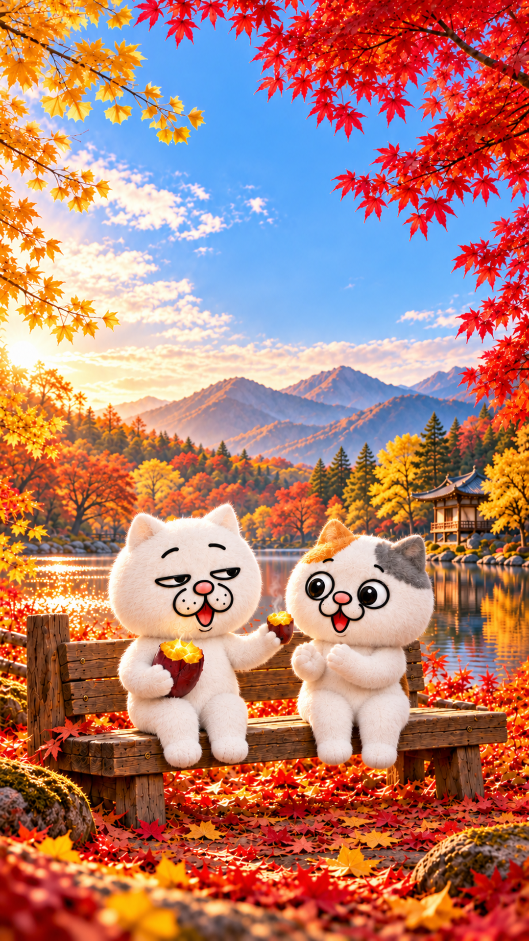2026年11月 カレンダーなし・標準:紅葉の湖畔で焼き芋を食べるウザ猫とミケ